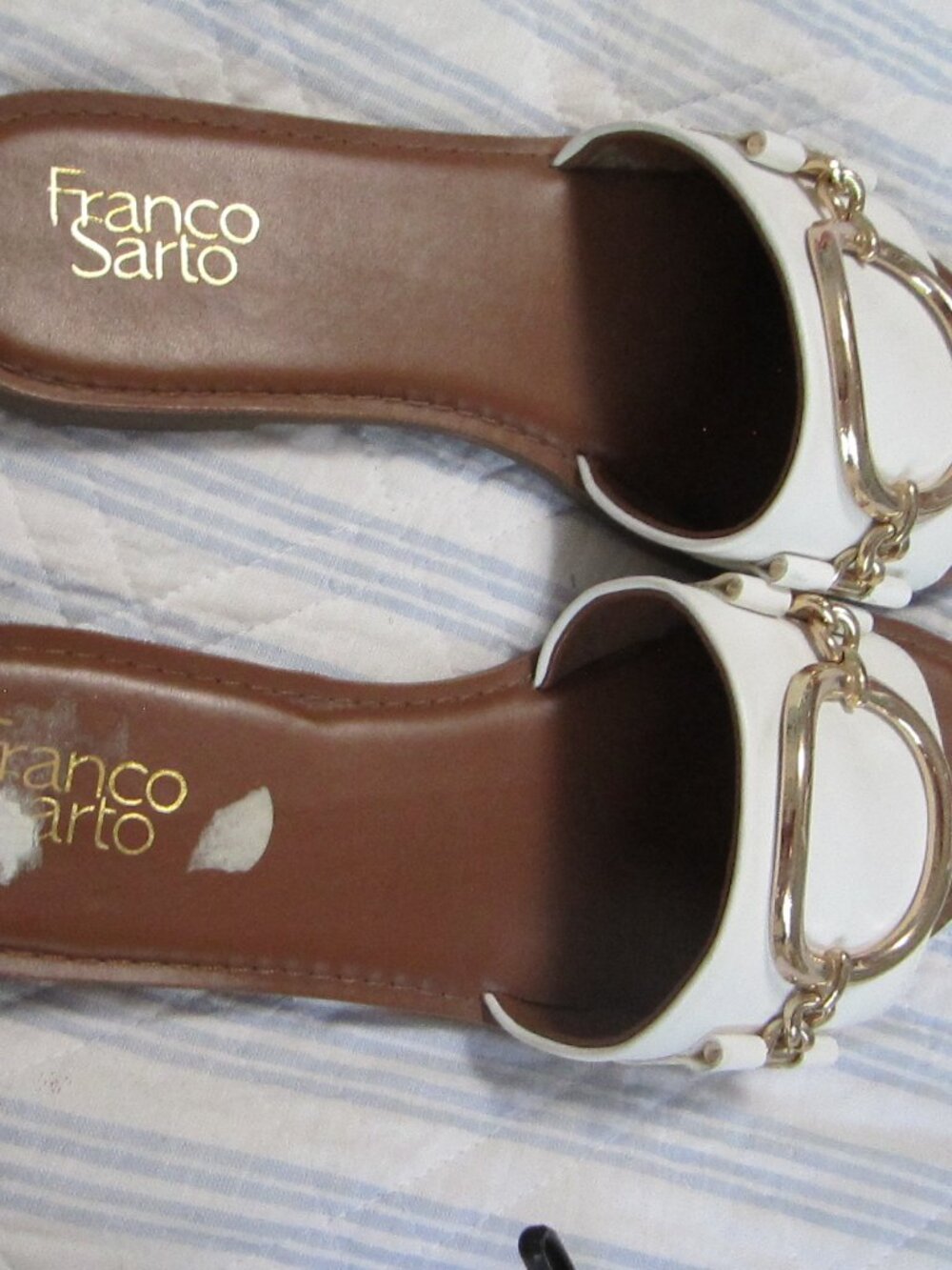 Franco Sarto White and Brown Slide Sandals with Gold Hardware
